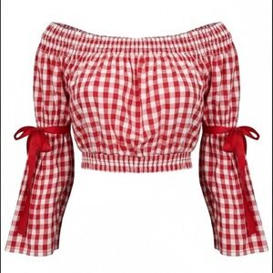 Red White Gingham Off Shoulder Crop Top Bell Sleeve Tie Bows Size Large